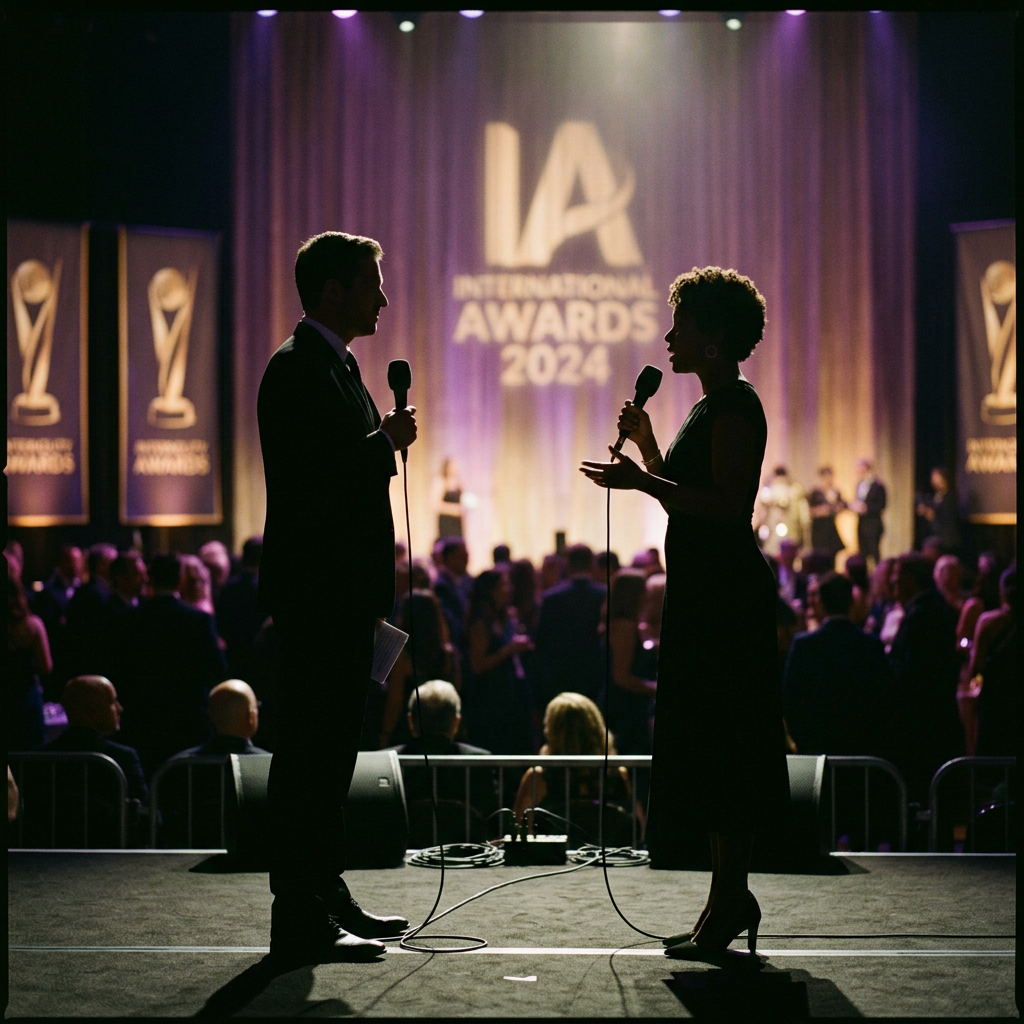 Two presenters with microphones onstage before an audience, with Awards 2024 displayed behind them